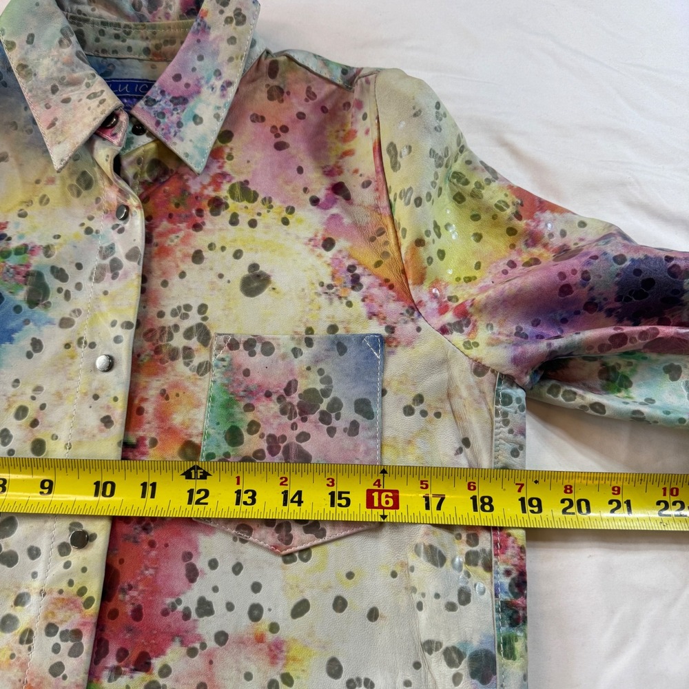 Blu Ice Leather Shirt Wearable Art Paint Splatter Snap Front Women's Size Small - Picture 4 of 6
